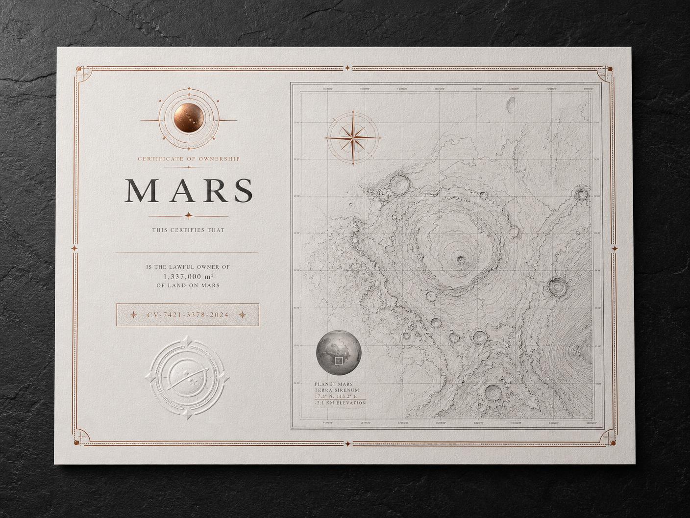Museum-quality Mars ownership certificate with copper foil engraving and topographic map