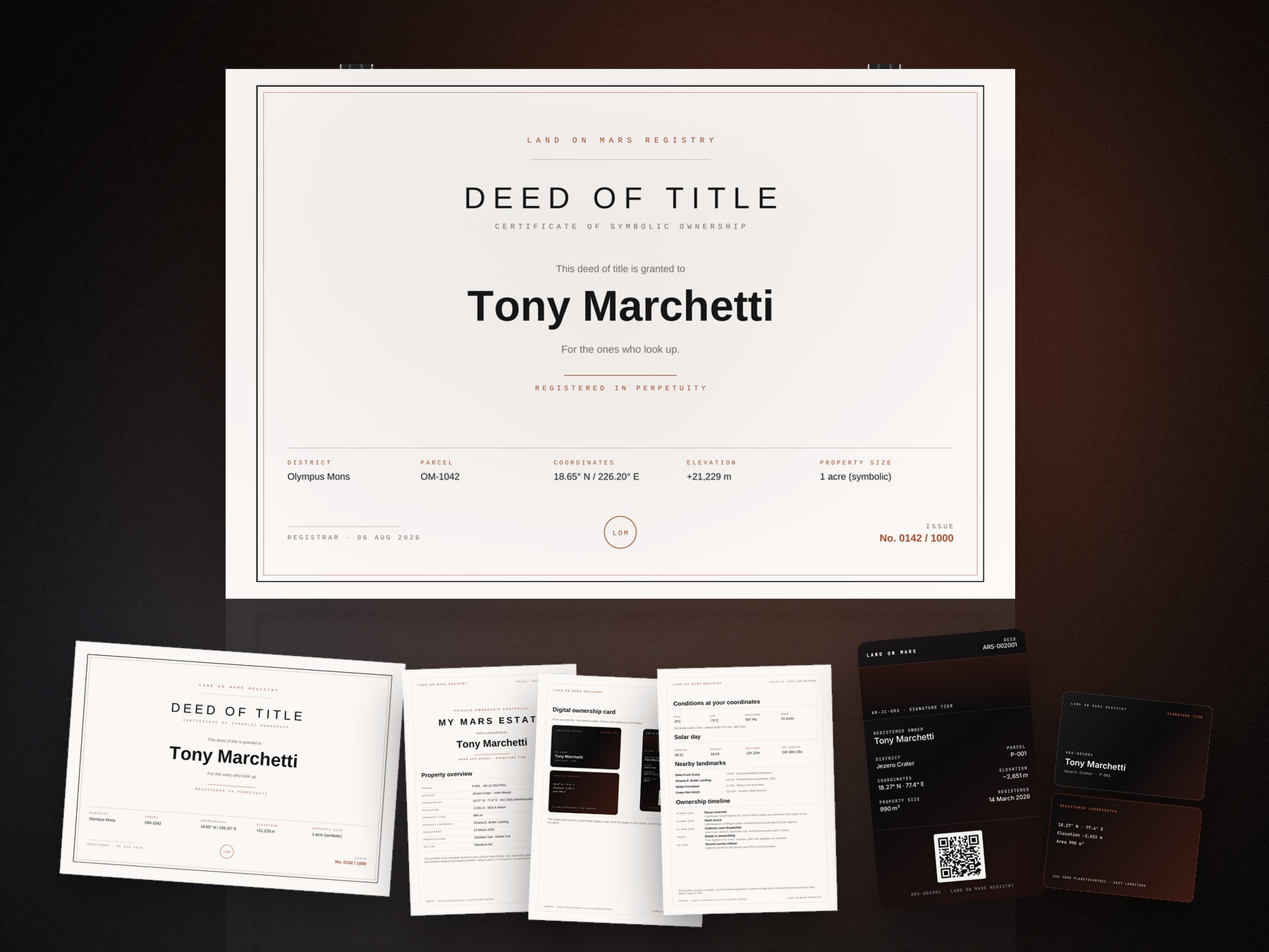 Printed Certificate: landscape deed printed on premium archival stock beside its protective sleeve